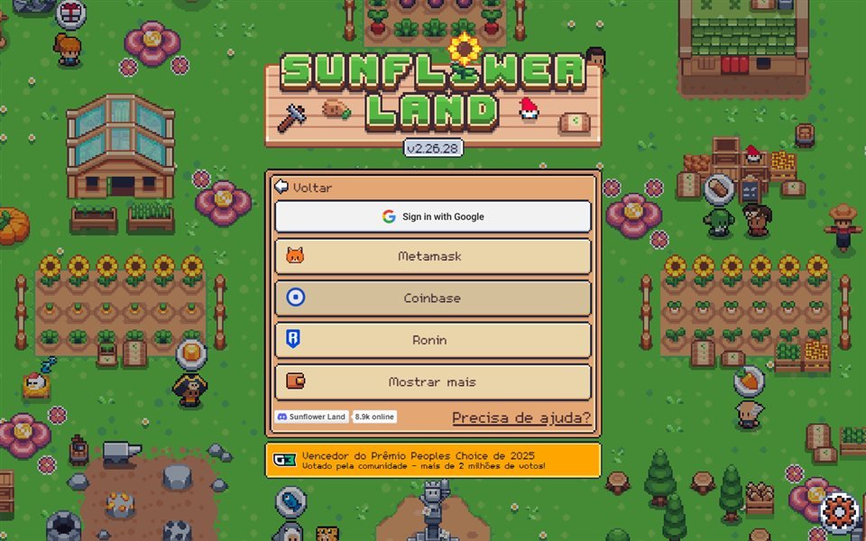 Sunflower Land login panel with Metamask, Coinbase, and Ronin